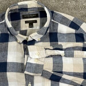 Banana Republic Button Down Mens L Navy Blue Linen Camden Fit Buffalo Check Prep
